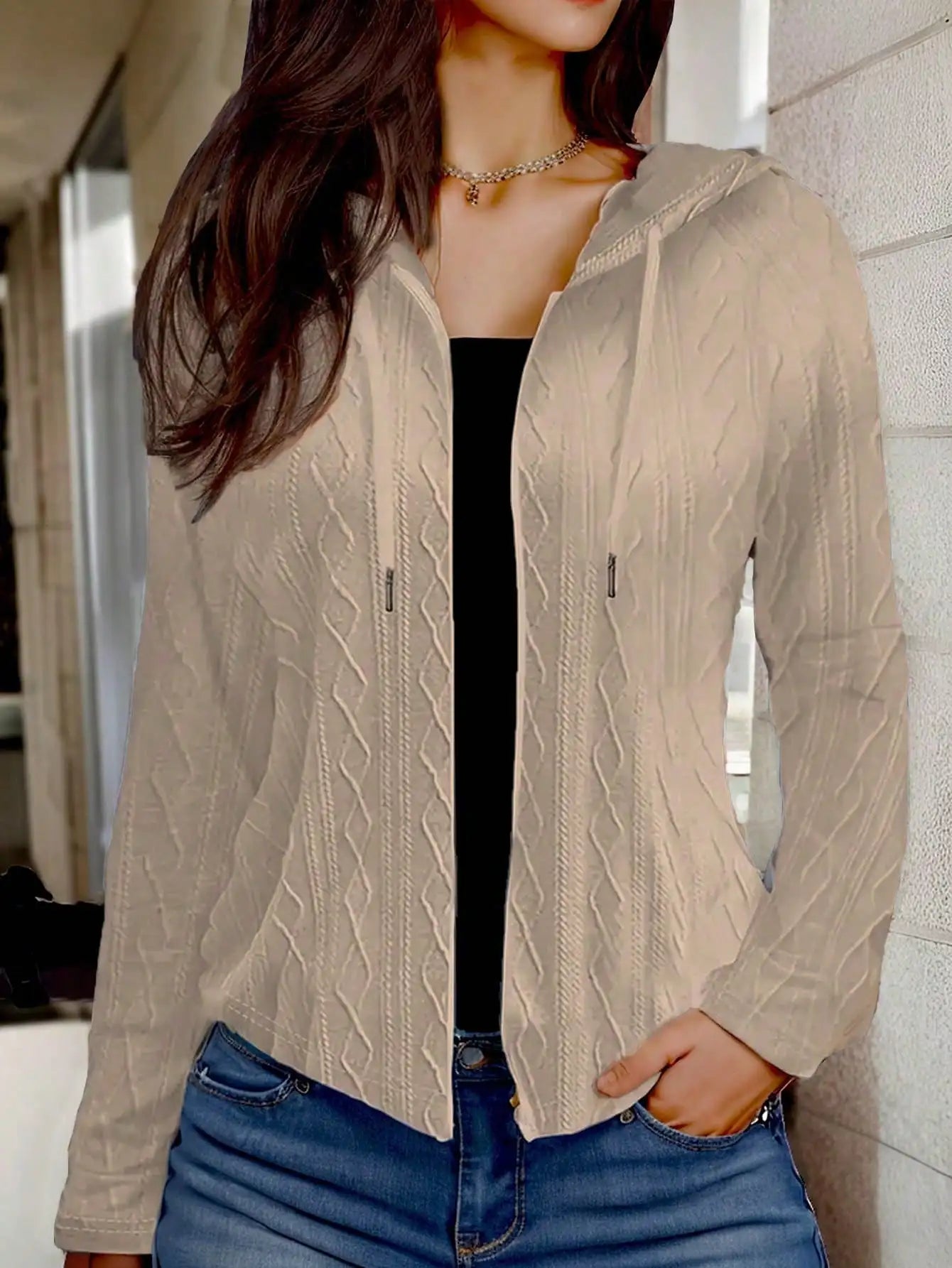 Cable Knit Hooded Zip-Up Jacket for Women With Drawstring