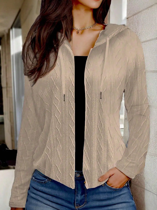 Cable Knit Hooded Zip-Up Jacket for Women With Drawstring