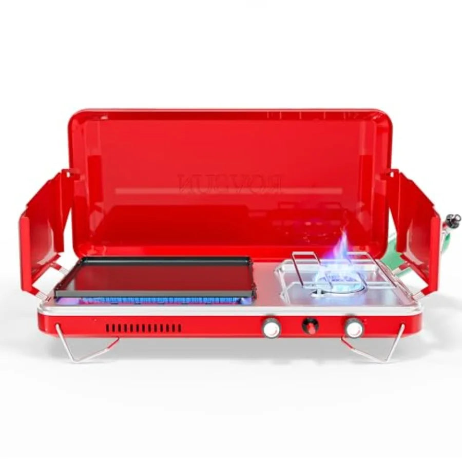 XMSJ 2-in-1 Portable Camping Stove Propane Grill With Enamel Griddle