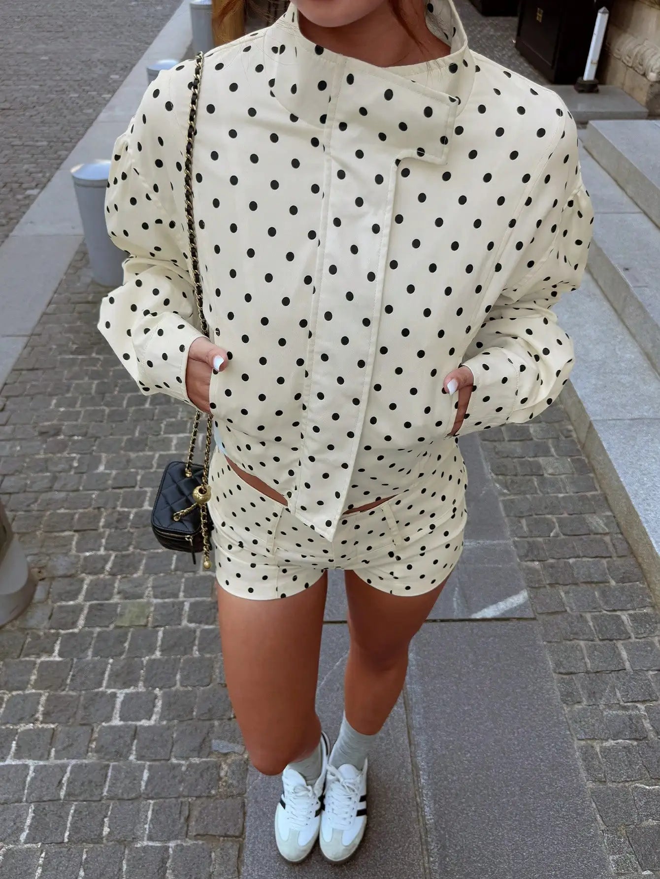 Retro Polka Dot Stand Collar Crop Jacket With Puff Sleeves