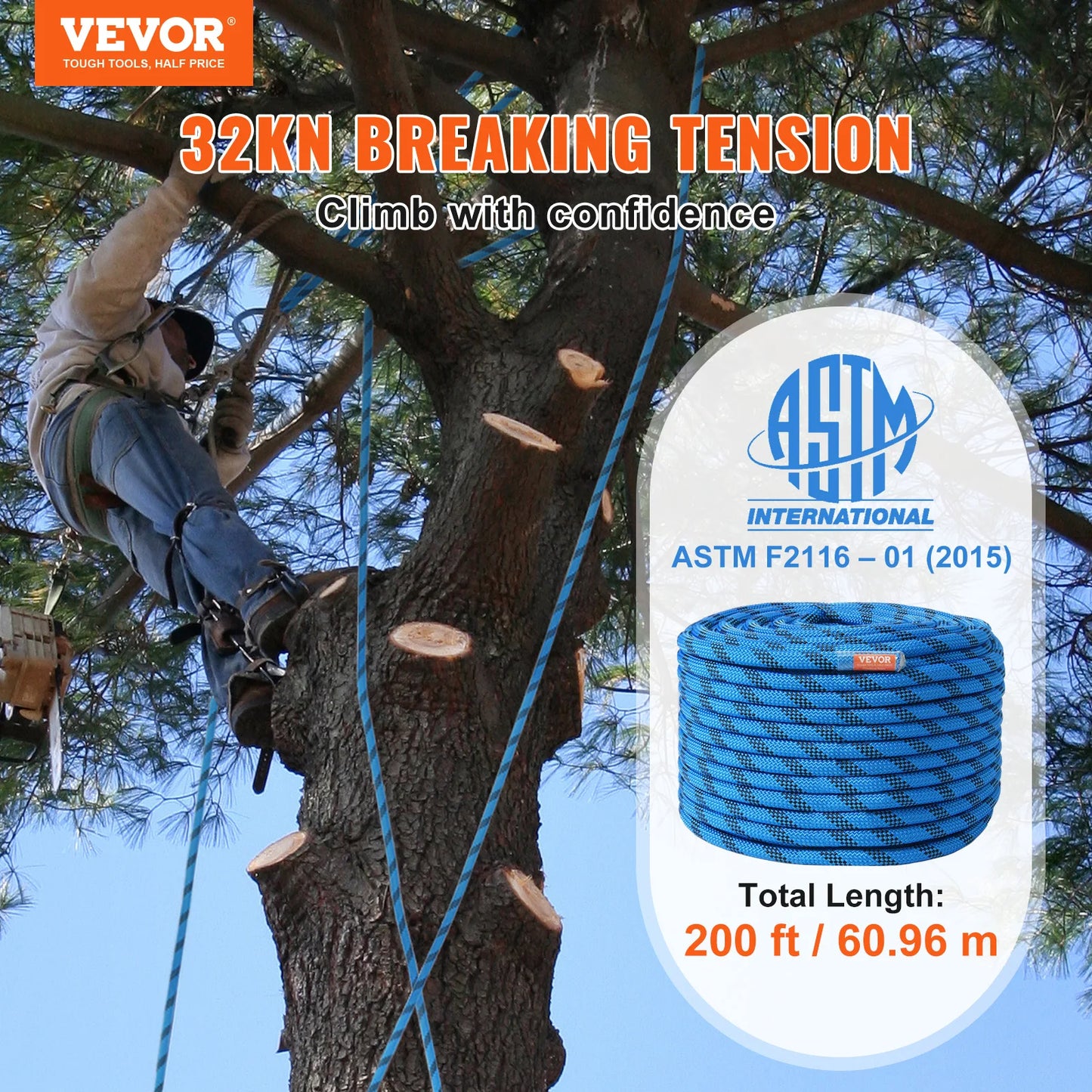 VEVOR Static Climbing Rope With 32 Kilonewtons Breaking Strength