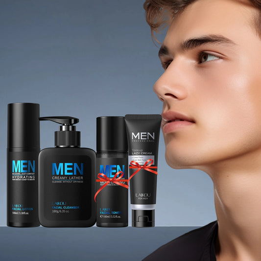 LAIKOU Men Skincare Set 4pcs Lazy Cream Cleanser Toner Lotion