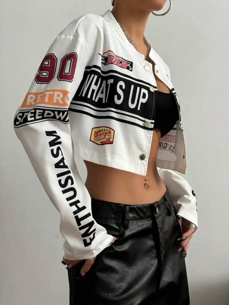 Womens Cropped Streetwear Jacket With Bold Letter Print Racing Stripe