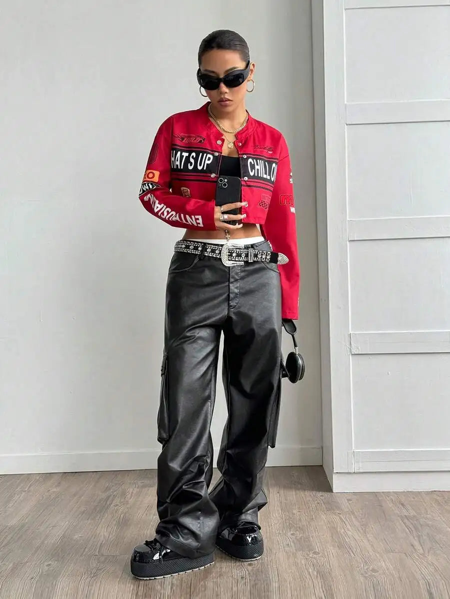 Womens Cropped Streetwear Jacket With Bold Letter Print Racing Stripe