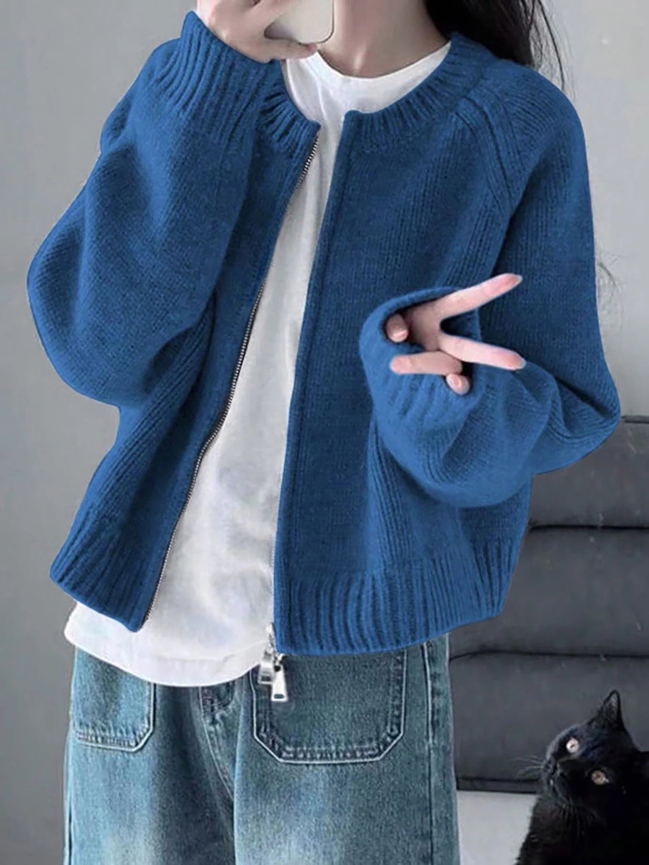 Zipper Knit Cardigan For Women Casual Autumn Winter Jacket