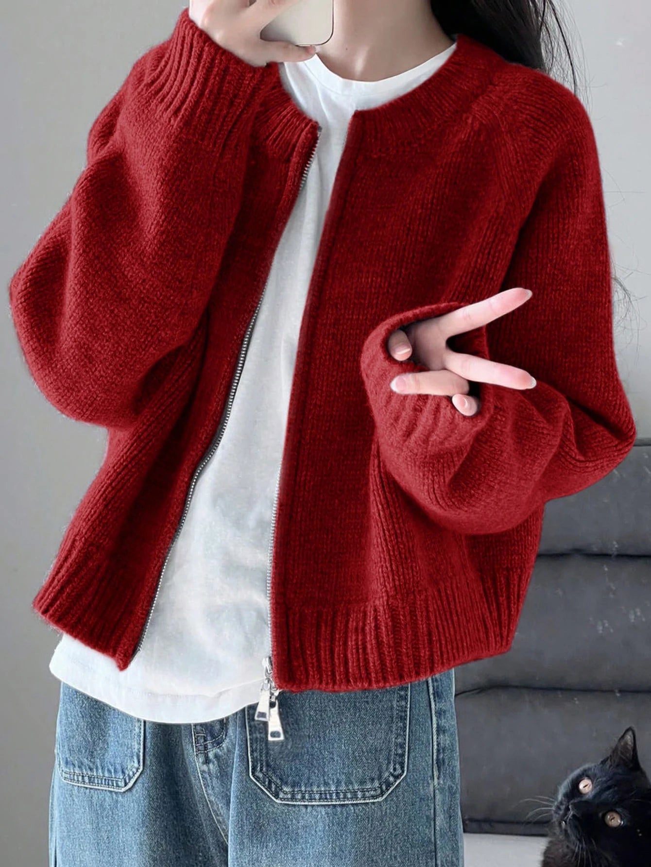 Zipper Knit Cardigan For Women Casual Autumn Winter Jacket