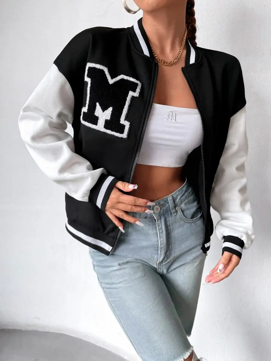 Women Letter Applique Baseball Jacket With Zipper Closure