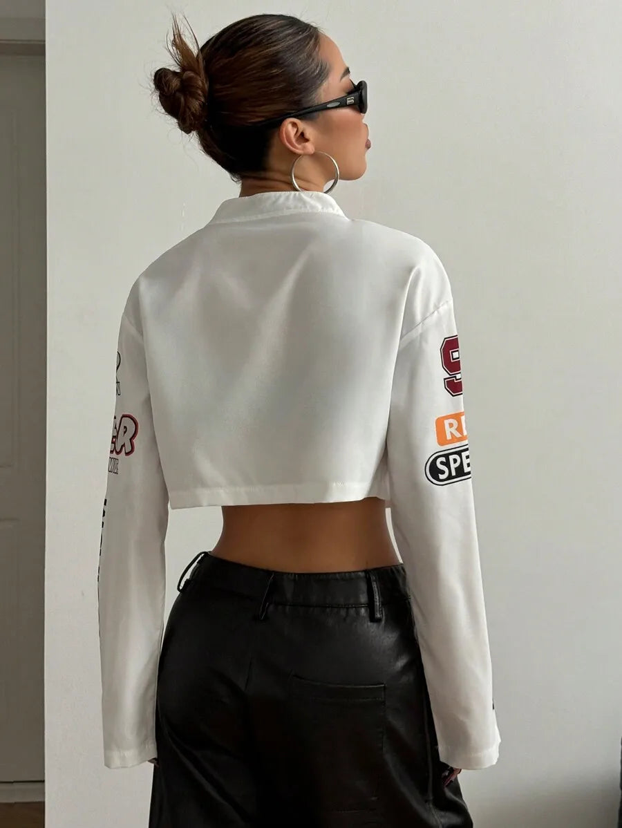 Womens Cropped Streetwear Jacket With Bold Letter Print Racing Stripe
