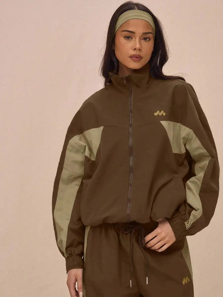 Nylon Track Jacket With Contrast Panels Full Zip Sporty