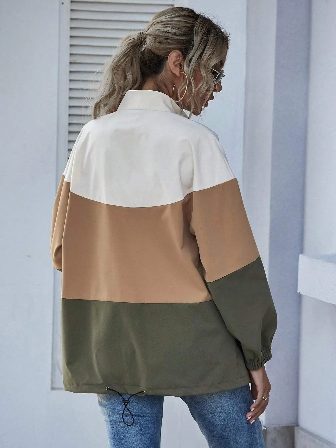 Zip-Up Jacket With Drawstring Hem Women's Fall Streetwear