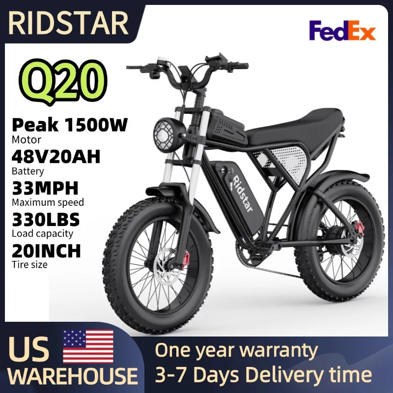 Ridstar Q20 Electric Bike for Adults 1500W Motor 33MPH 48V 20Ah 20" Electric Dirt Bike Hydraulic 7-Speed Snow Off-Road Commuter