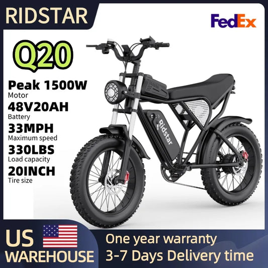 Ridstar Q20 Electric Bike for Adults 1500W Motor 33MPH 48V 20Ah 20" Electric Dirt Bike Hydraulic 7-Speed Snow Off-Road Commuter