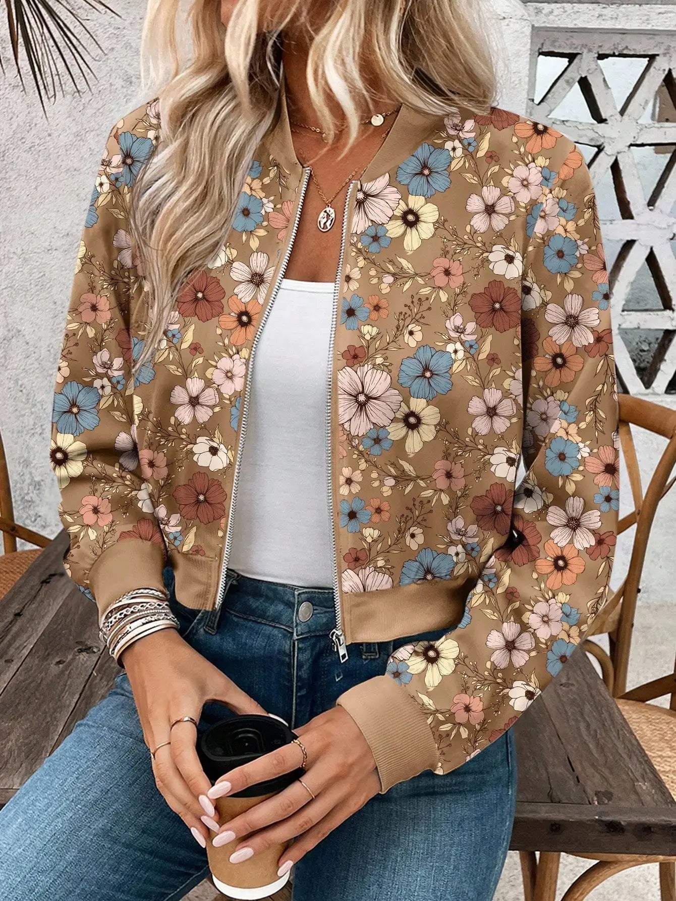 Floral Print Zip-Up Baseball Jacket For Women Casual Bomber Coat