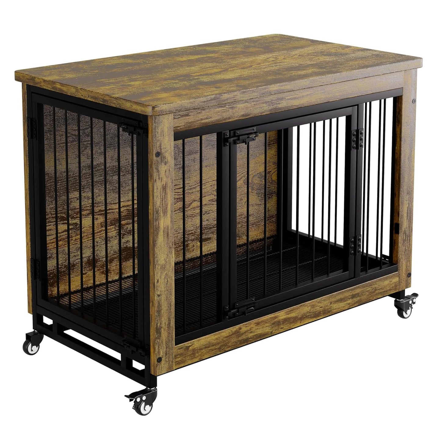 HiMISS 3-Door Wooden Dog Crate Furniture With Wheels