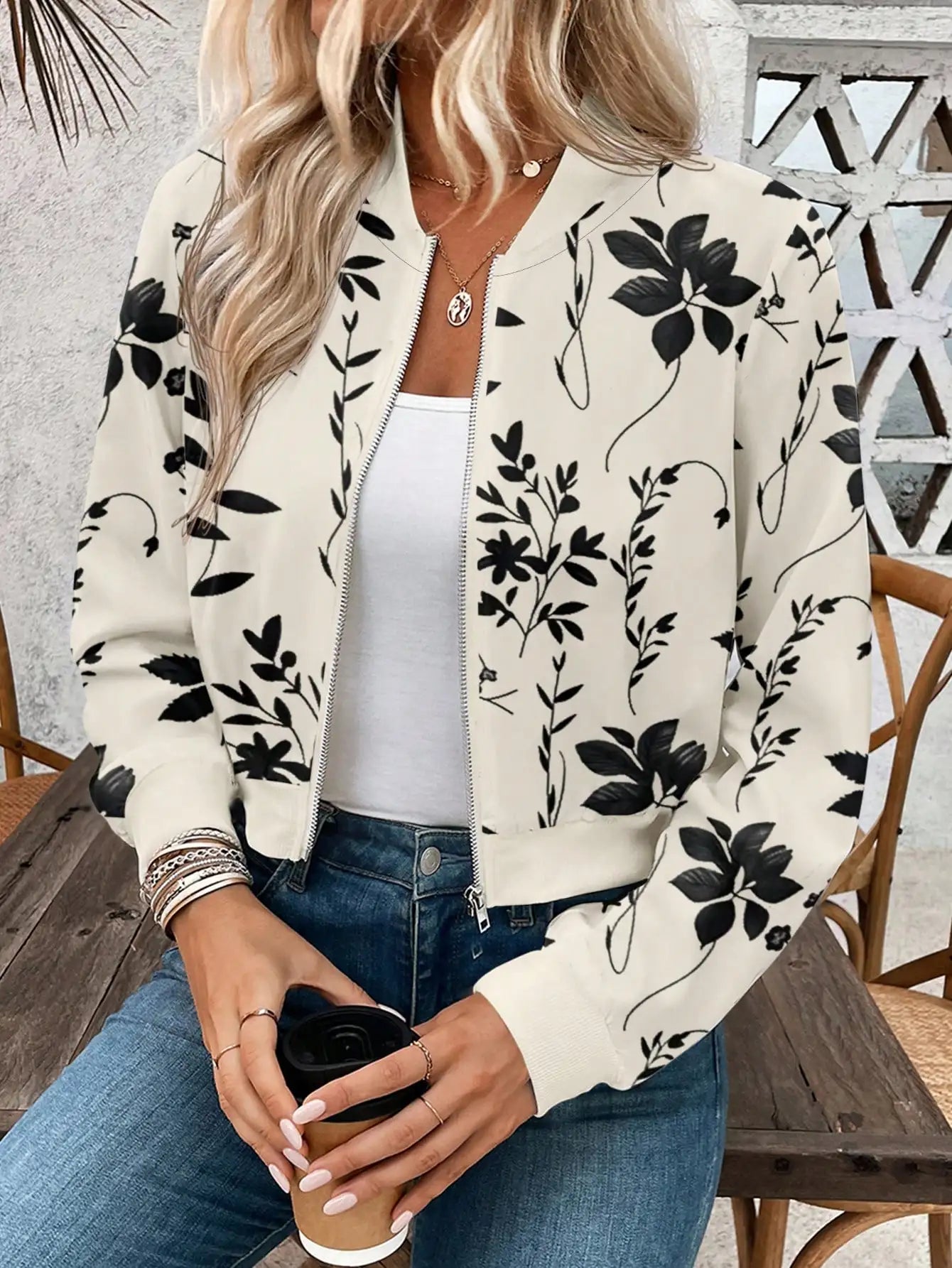 Floral Print Zip-Up Baseball Jacket For Women Casual Bomber Coat