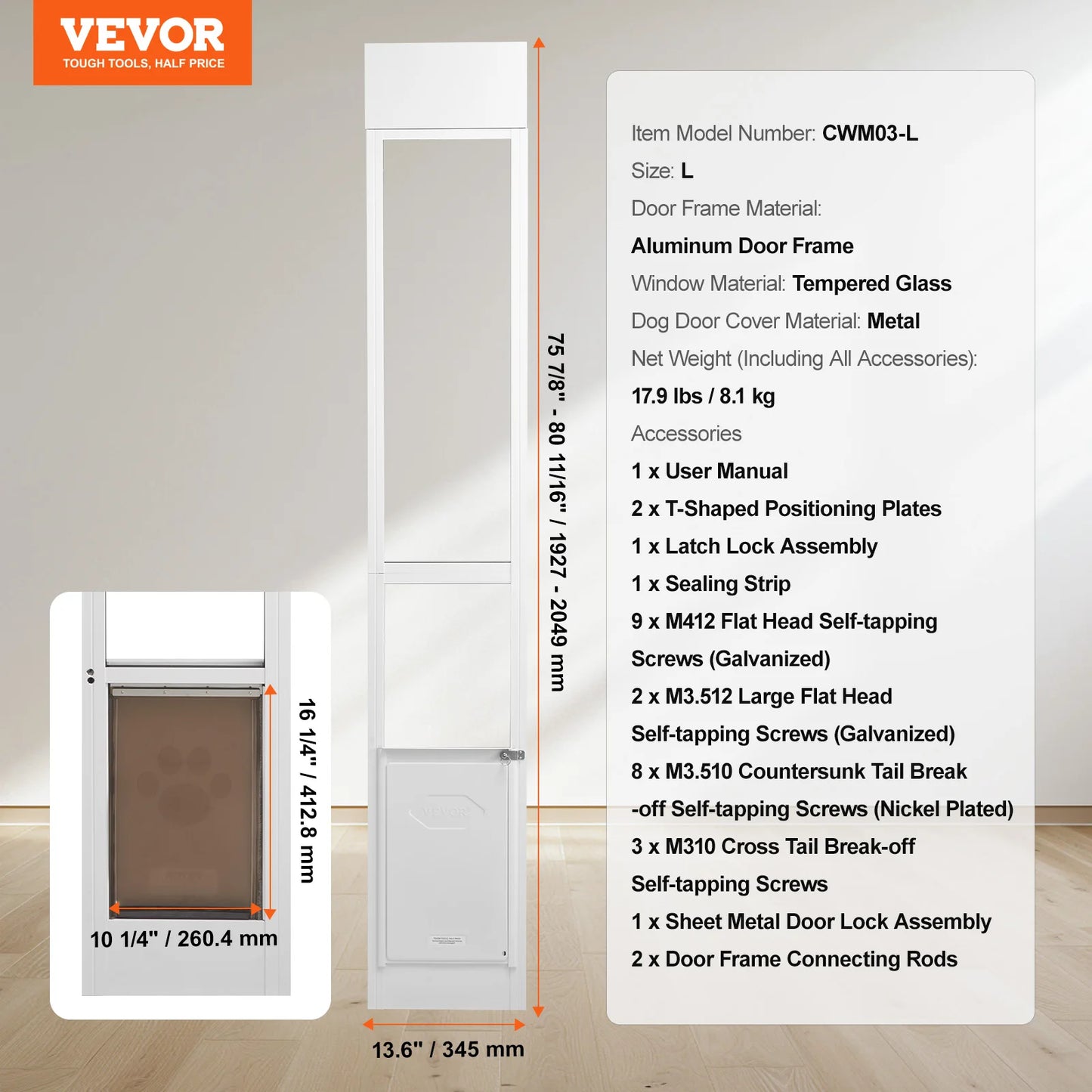 NONEDogDoor Sliding Glass Dog Door With Adjustable Height Aluminum Frame
