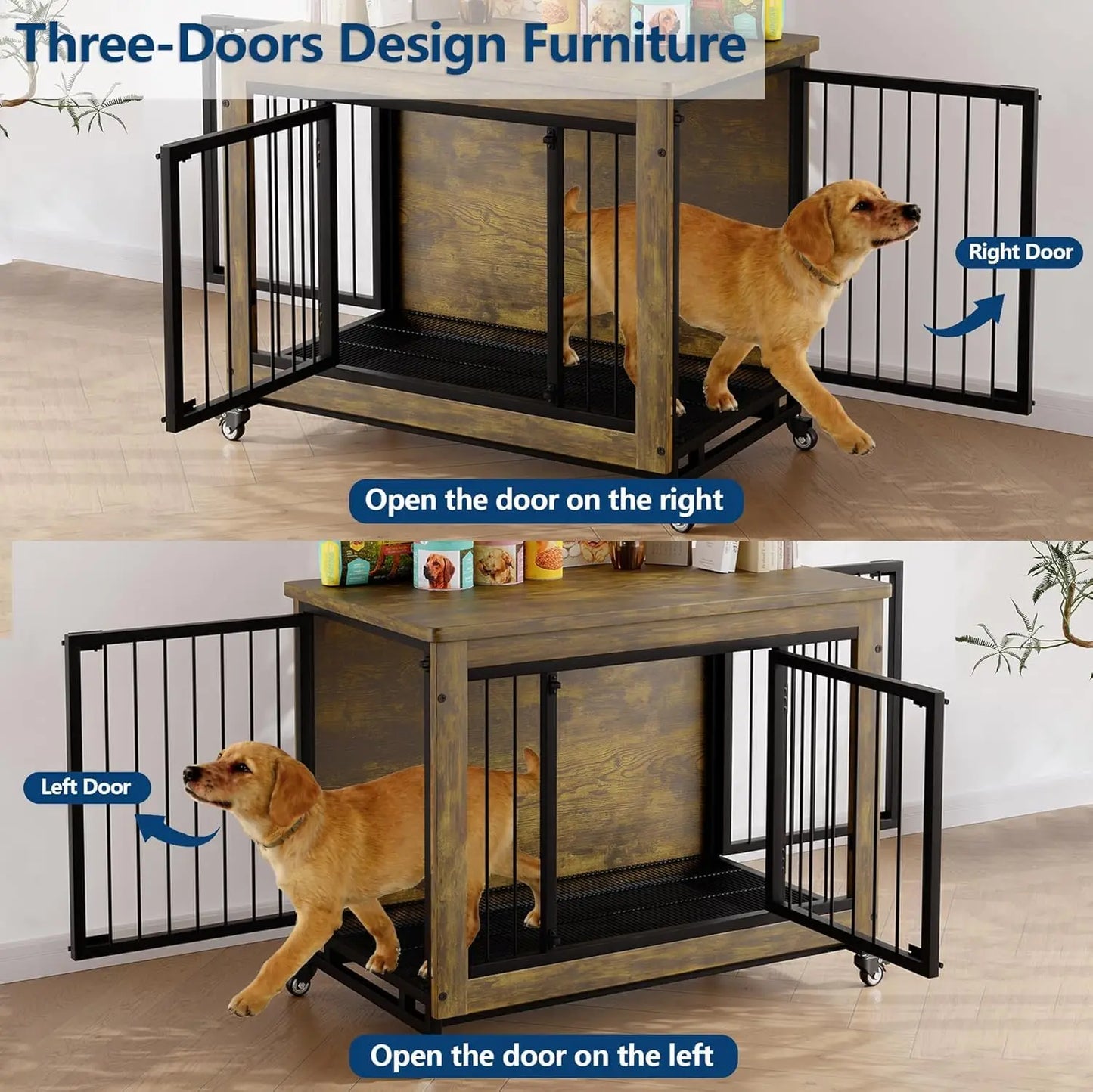HiMISS 3-Door Wooden Dog Crate Furniture With Wheels