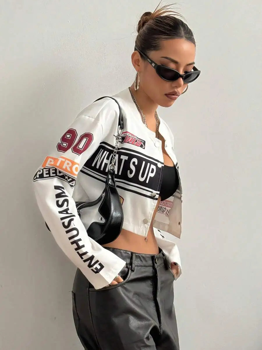 Womens Cropped Streetwear Jacket With Bold Letter Print Racing Stripe