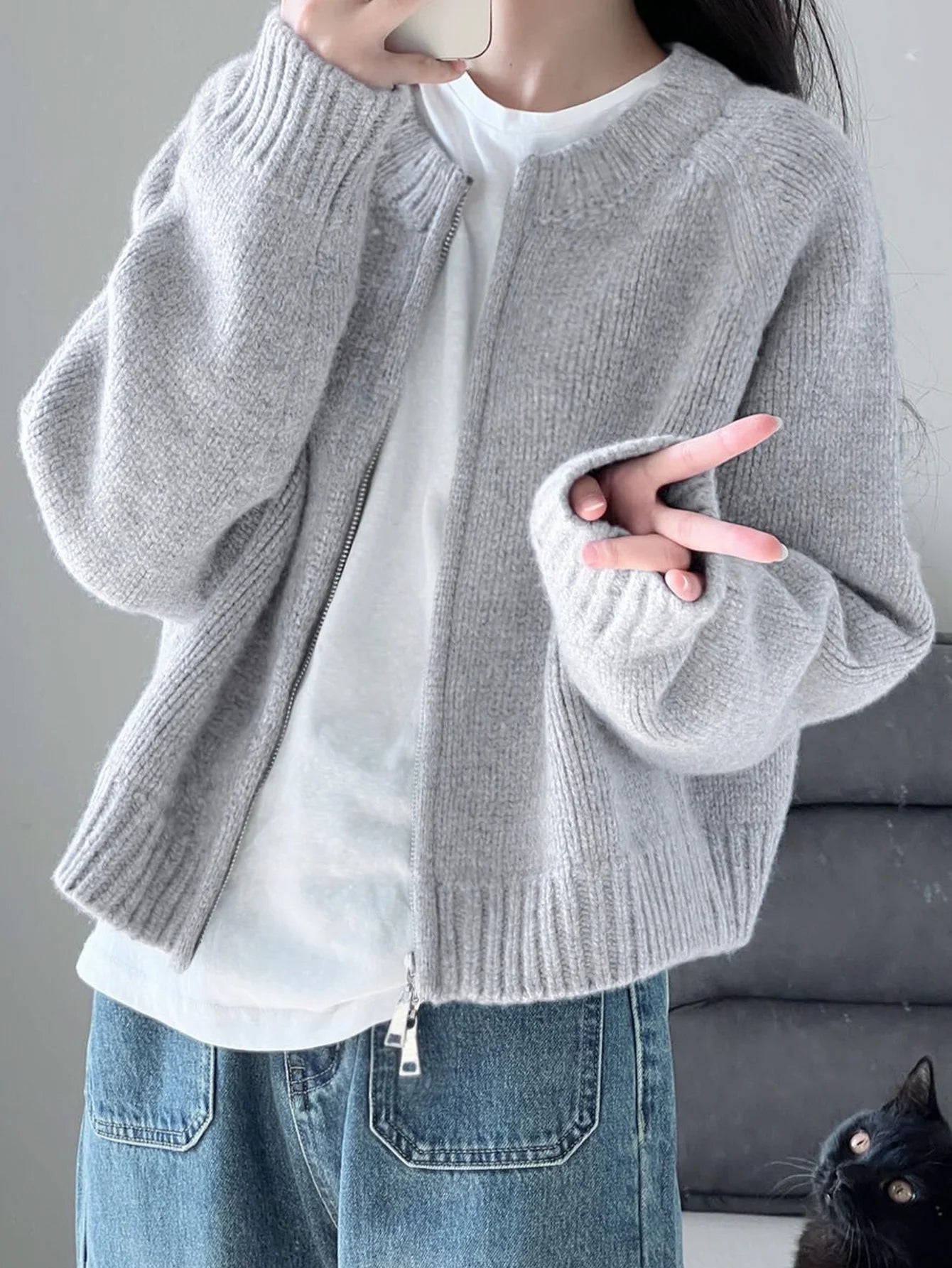 Zipper Knit Cardigan For Women Casual Autumn Winter Jacket