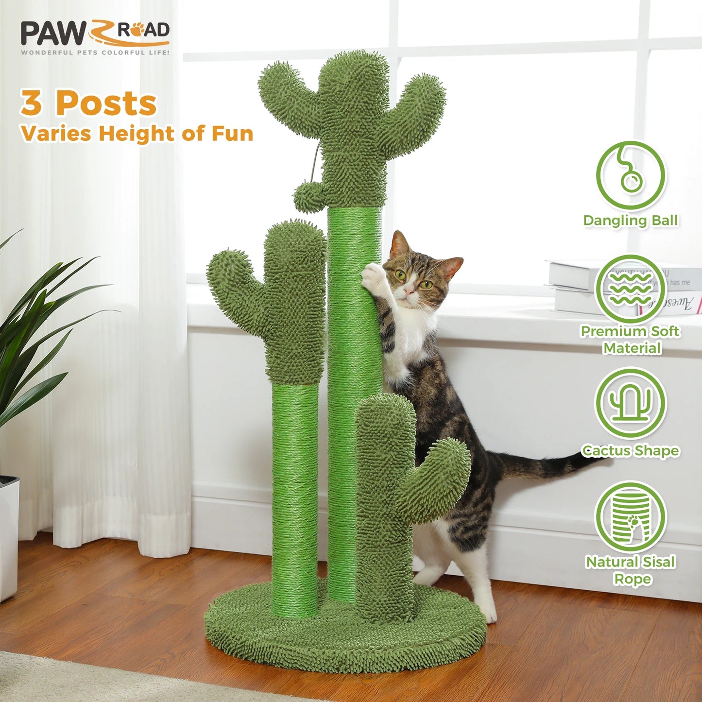 PAWZ Road Cactus Cat Scratching Post With Sisal Poles And Dangling Ball Toys