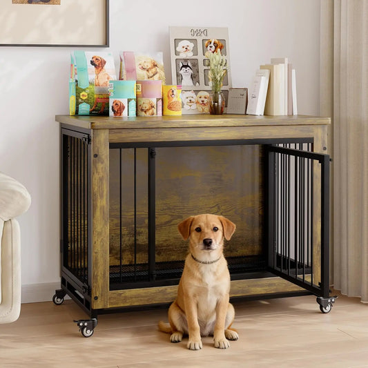 HiMISS 3-Door Wooden Dog Crate Furniture With Wheels