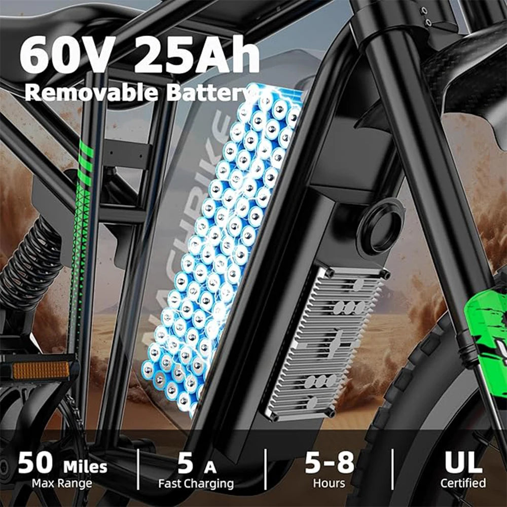 60V 6000W Electric Dirt Bike 50 Mile Range Full Suspension