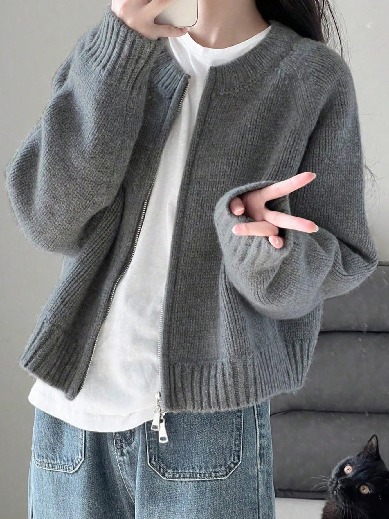 Zipper Knit Cardigan For Women Casual Autumn Winter Jacket