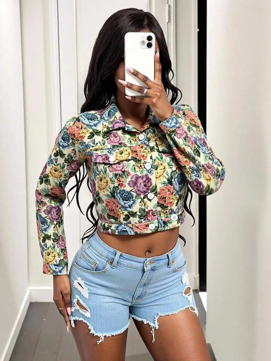 Retro Floral Jacquard Cropped Jacket Women Slim Fit Button Front