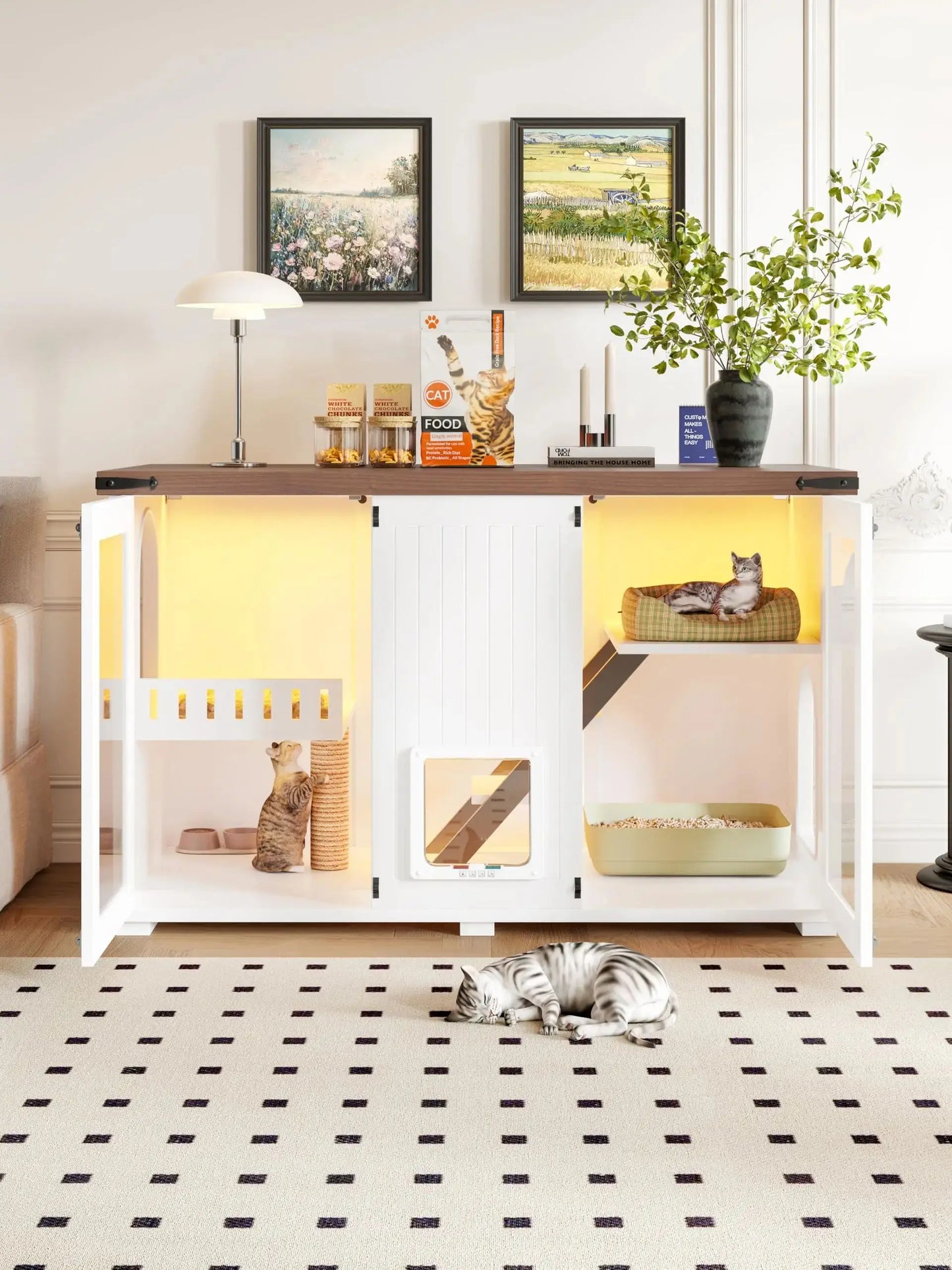 Cat House Hidden Litter Box Enclosure With Led Light Doors