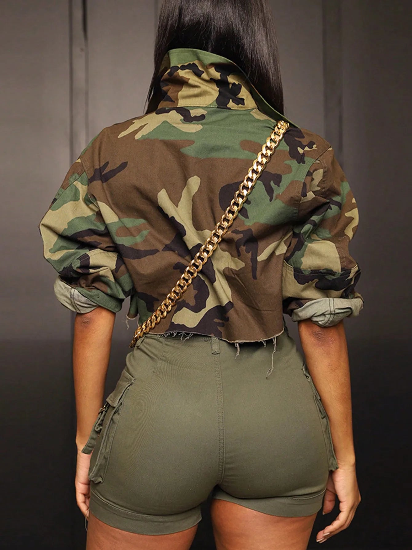 Camo Print Cropped Long Sleeve Jacket With Distressed Hem
