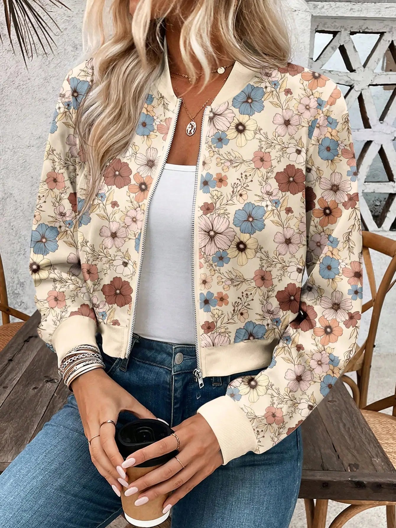 Floral Print Zip-Up Baseball Jacket For Women Casual Bomber Coat