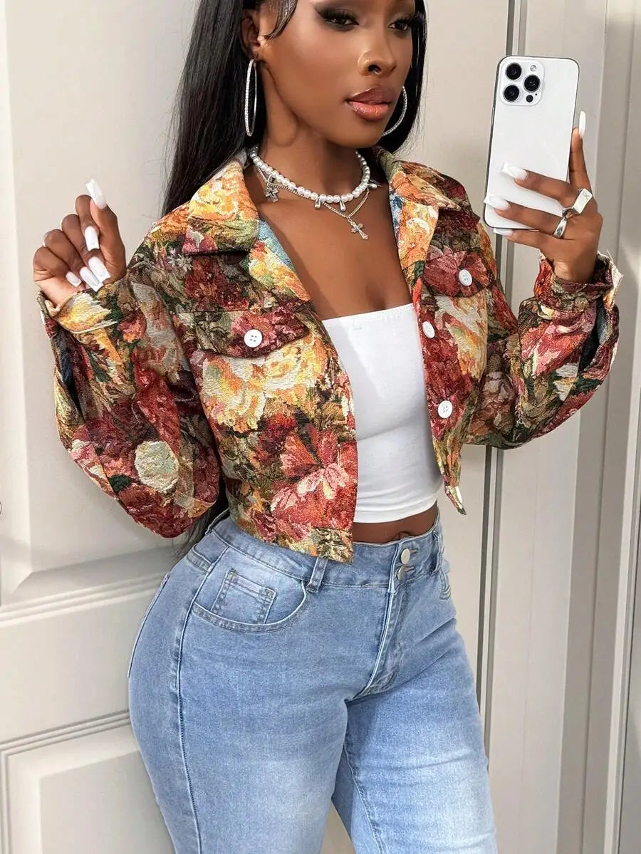 Retro Floral Jacquard Cropped Jacket Women Slim Fit Button Front