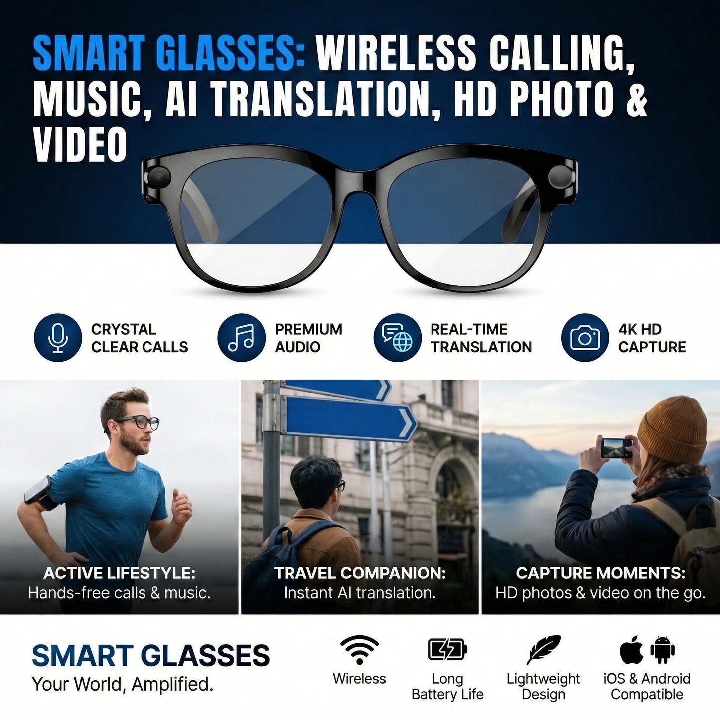 SENBONO Smart Glasses With AI Translator Bluetooth Built In Camera