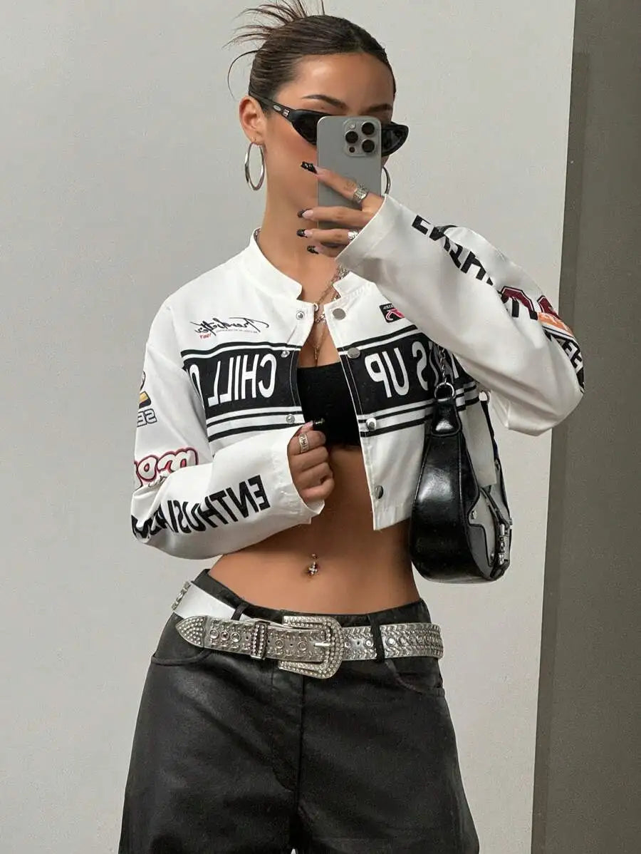 Womens Cropped Streetwear Jacket With Bold Letter Print Racing Stripe