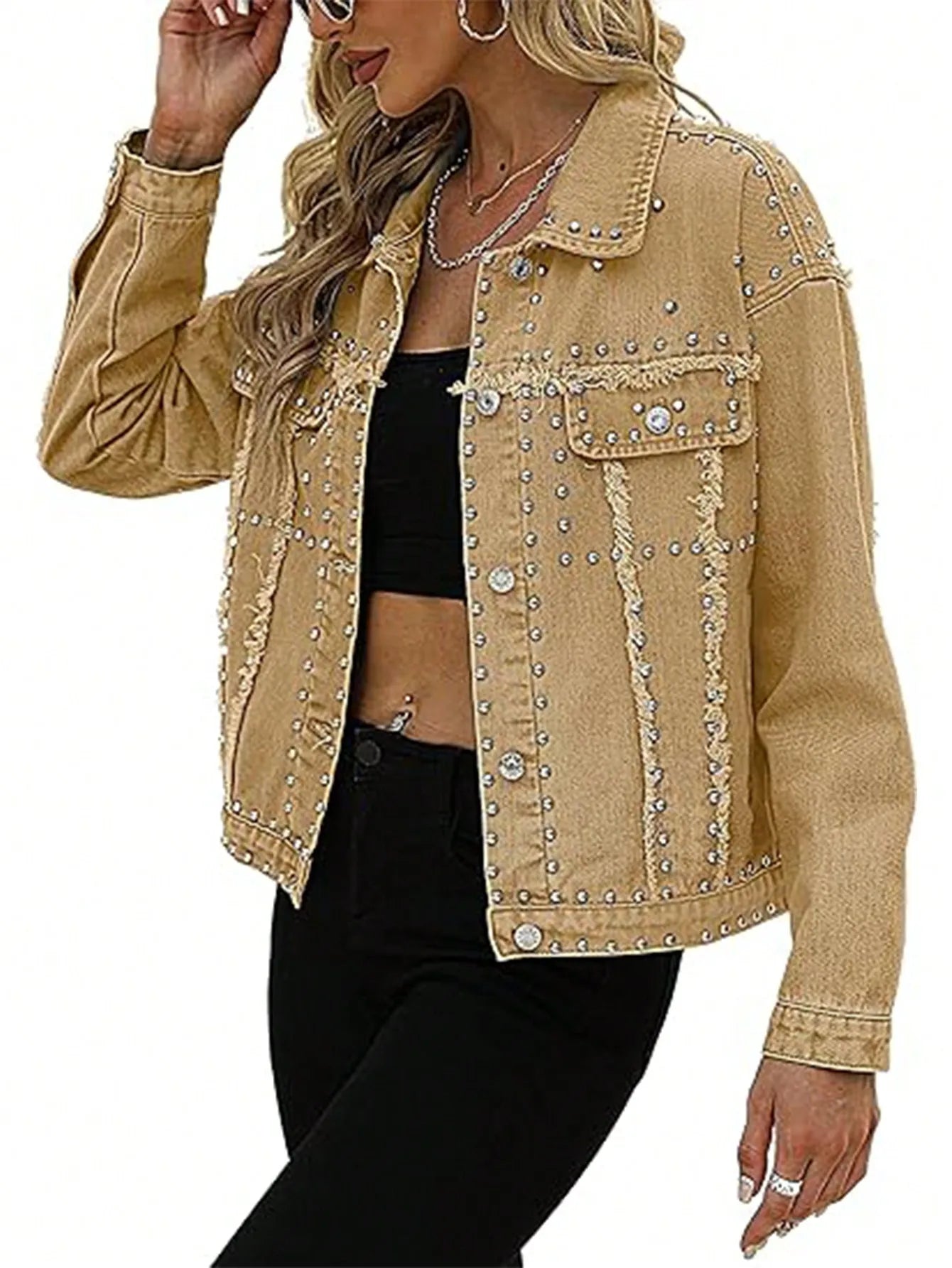 Studded Crop Denim Jacket For Women With Frayed Edges