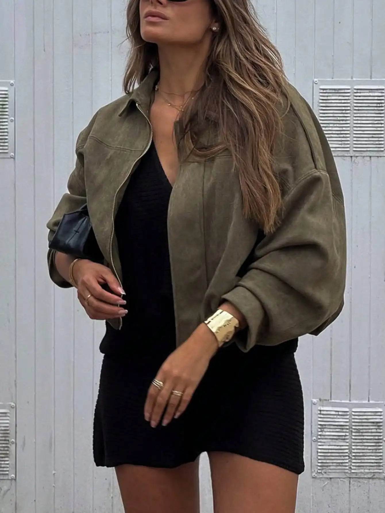 Suede Bomber Jacket For Women With Zipper Front Casual Streetwear