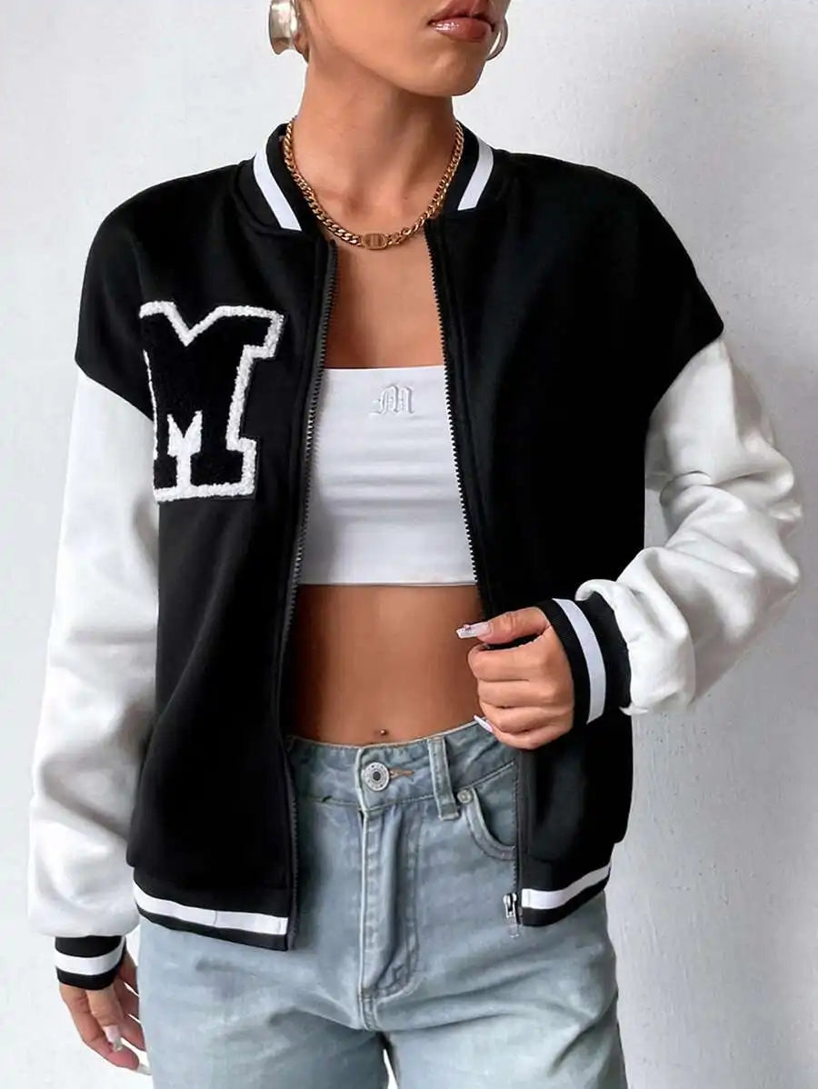Women Letter Applique Baseball Jacket With Zipper Closure